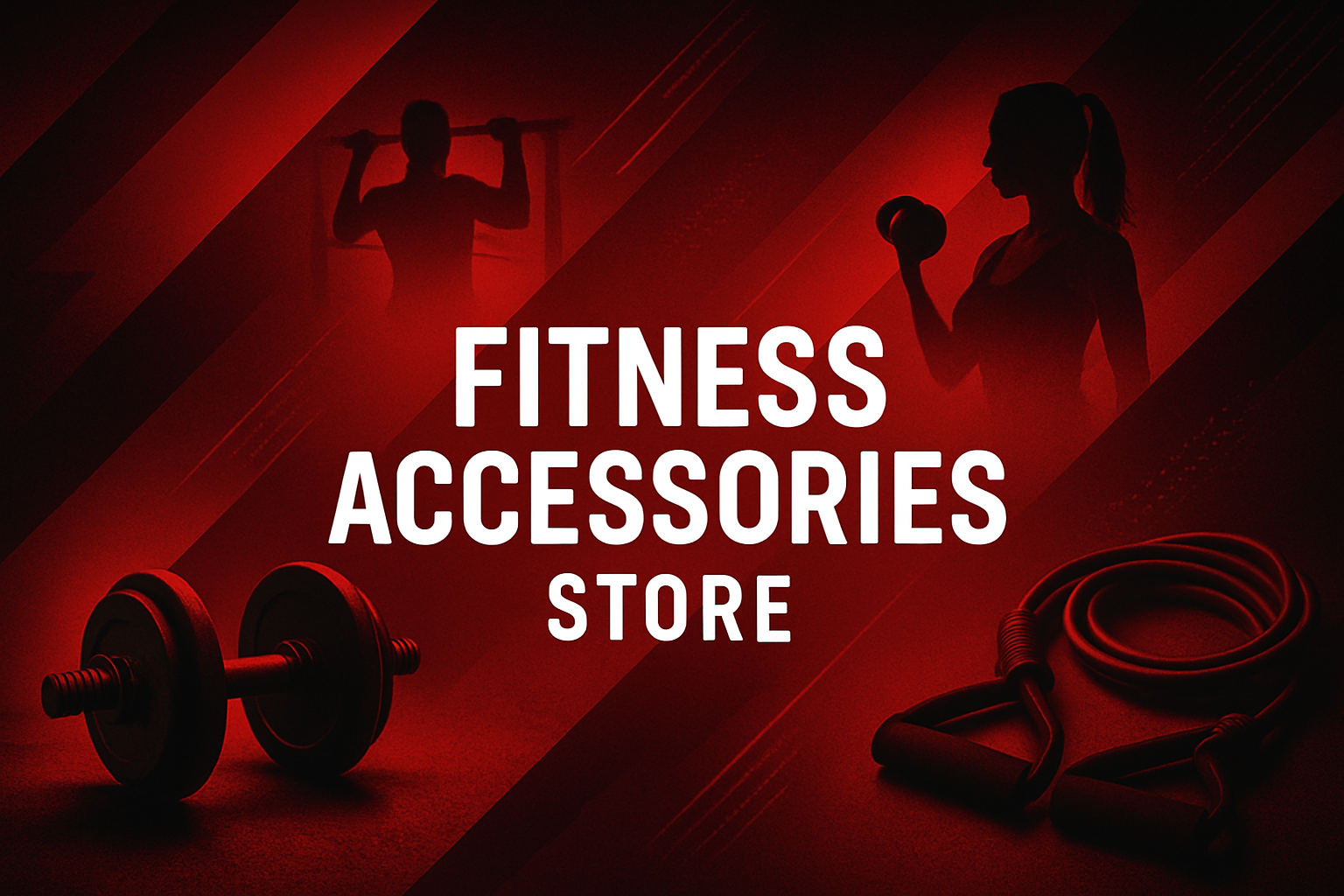 A modern, high-impact Shopify banner for a fitness accessories store. Bold red and dark black tones create a powerful, intense background. The composition includes abstract shapes, dynamic lighting, and subtle gym elements like dumbbells, resistance bands, or silhouettes of people working out. Leave clean space in the center for white promotional text. The overall vibe should be strong, energetic, and modern — per